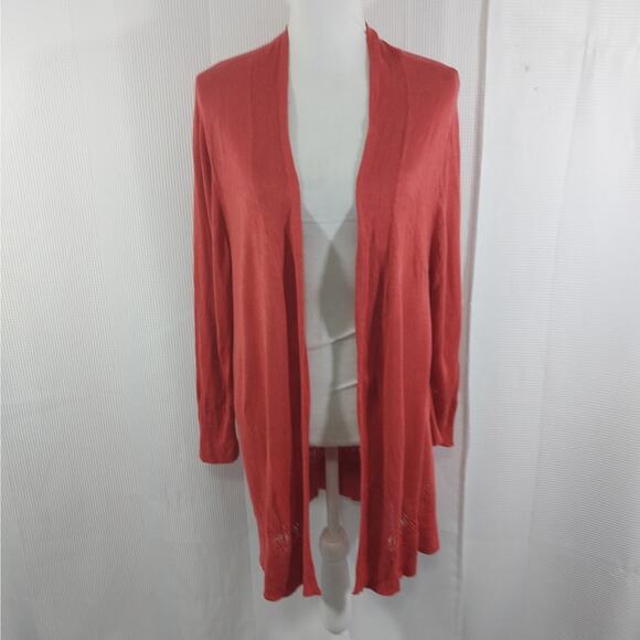 LOFT! GUAVA PINK/ORANGE LACEY TRIM STITCHED LONG CARDIGAN SWEATER! SZ XL - Picture 2 of 10